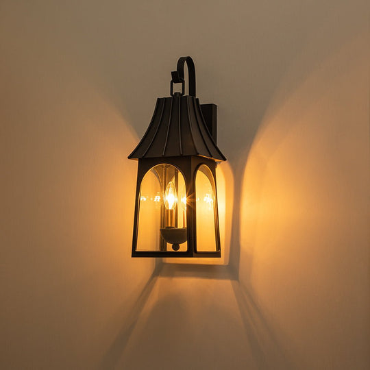 Pendantlightie - Retro 3 - Light Clear Glass House Lantern Outdoor Wall Sconce - Outdoor Wall Light - Black -