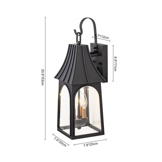 Pendantlightie - Retro 3 - Light Clear Glass House Lantern Outdoor Wall Sconce - Outdoor Wall Light - Black -
