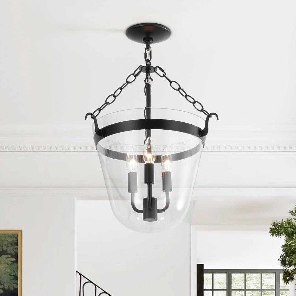 Pendantlightie - Retro 3 - Light Urn Lantern Glass Shade Ceiling Light - Semi Flush Mount - Black -