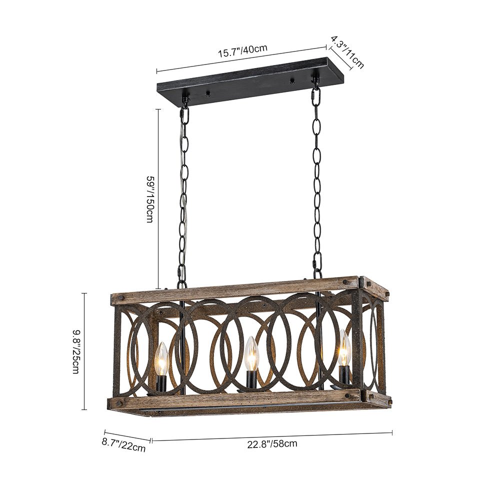 Pendantlightie - Rustic 3 - Light Grill Frame Wood Kitchen Island Rectangular Chandelier - Chandeliers - 3Lt -