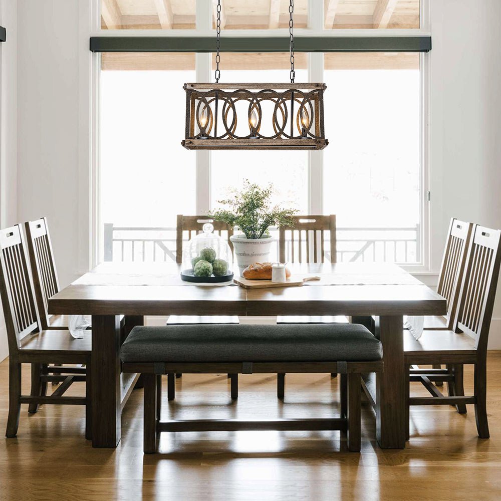 Pendantlightie - Rustic 3 - Light Grill Frame Wood Kitchen Island Rectangular Chandelier - Chandeliers - 3Lt -