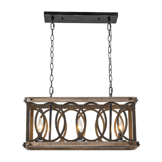 Pendantlightie - Rustic 3 - Light Grill Frame Wood Kitchen Island Rectangular Chandelier - Chandeliers - 3Lt -