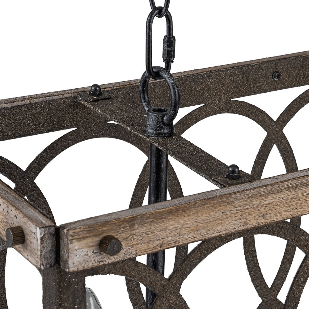 Pendantlightie - Rustic 3 - Light Grill Frame Wood Kitchen Island Rectangular Chandelier - Chandeliers - 3Lt -