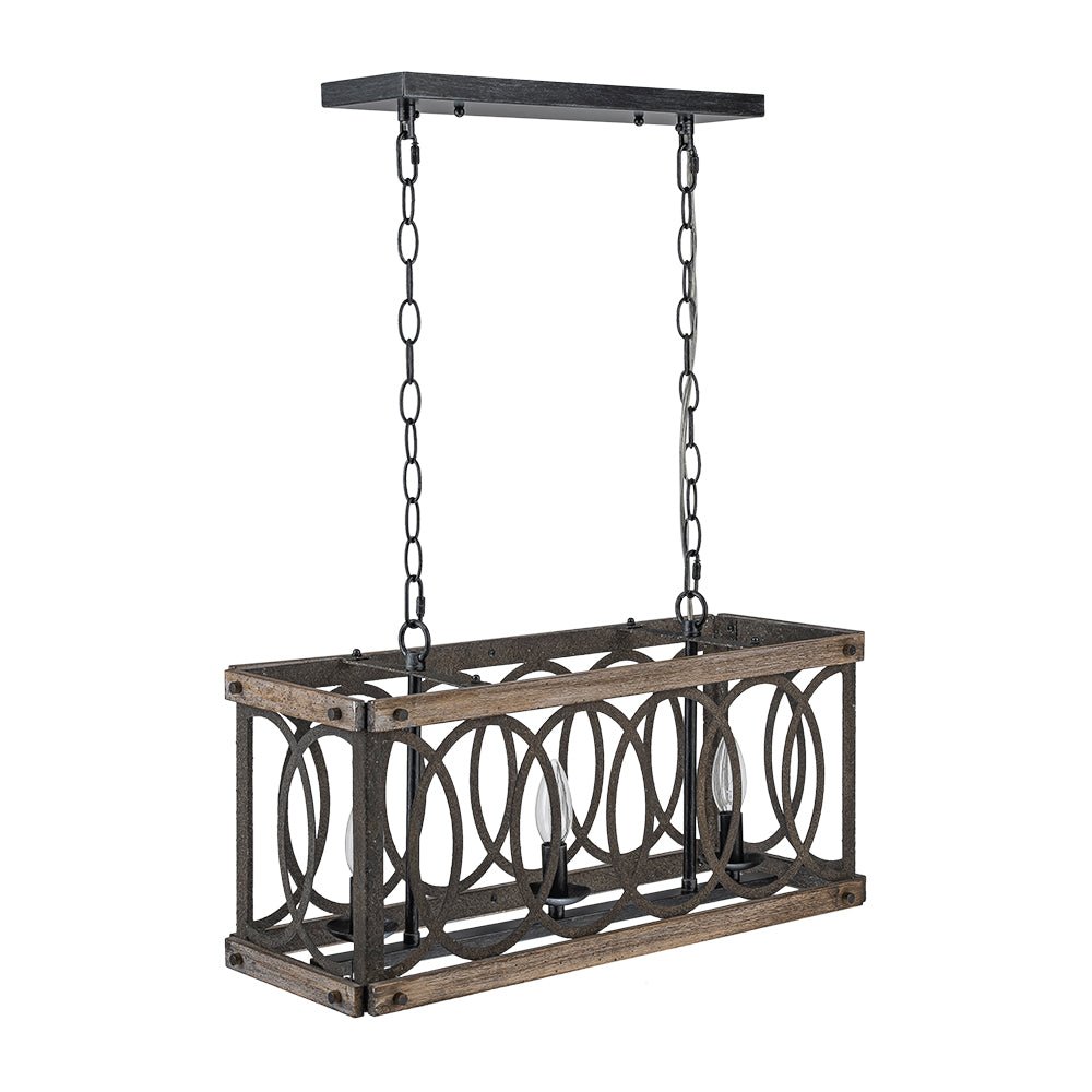 Pendantlightie - Rustic 3 - Light Grill Frame Wood Kitchen Island Rectangular Chandelier - Chandeliers - 3Lt -