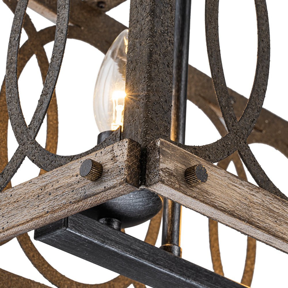 Pendantlightie - Rustic 3 - Light Grill Frame Wood Kitchen Island Rectangular Chandelier - Chandeliers - 3Lt -