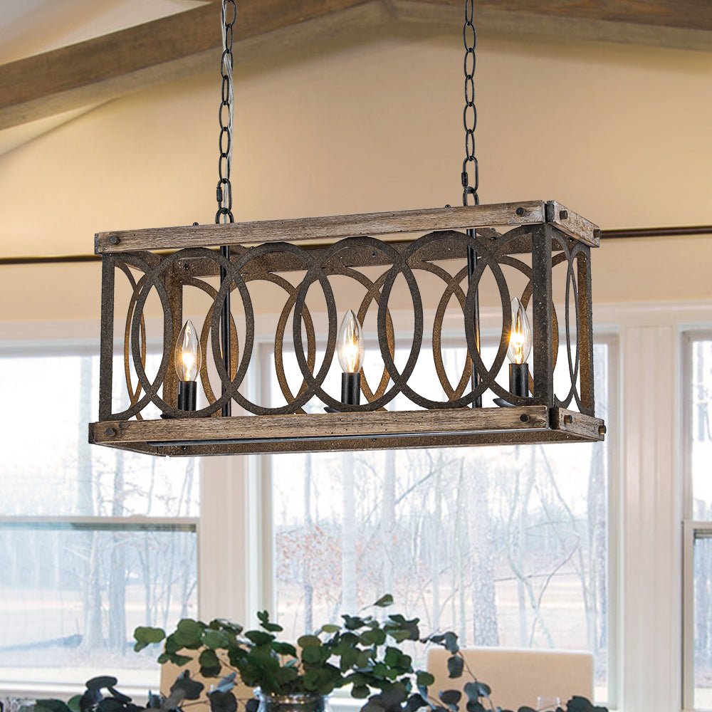 Pendantlightie - Rustic 3 - Light Grill Frame Wood Kitchen Island Rectangular Chandelier - Chandeliers - 3Lt -