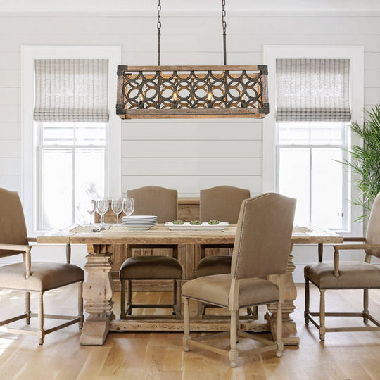 Pendantlightie - Rutsic 4 - Light Grill Frame Wood Kitchen Island Rectangular Chandelier - Chandeliers - 4Lt -