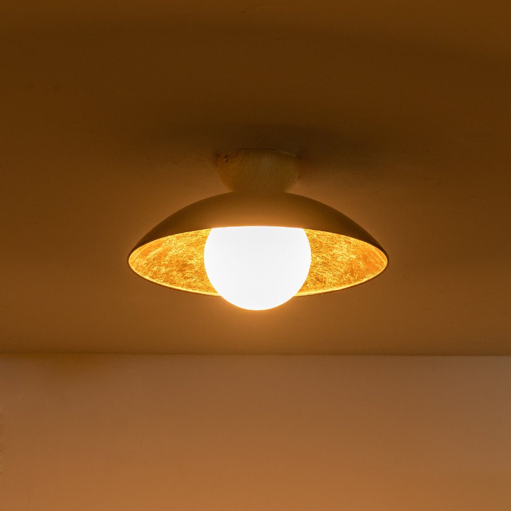 Pendantlightie - Scandinavian 1 - Light Gold Leaf Dome Semi Flush Mount With Glass Shade - Semi Flush Mount - White -