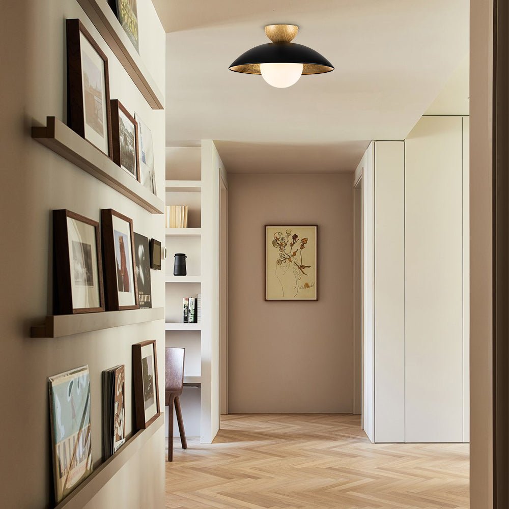 Pendantlightie - Scandinavian 1 - Light Gold Leaf Dome Semi Flush Mount With Glass Shade - Semi Flush Mount - White -