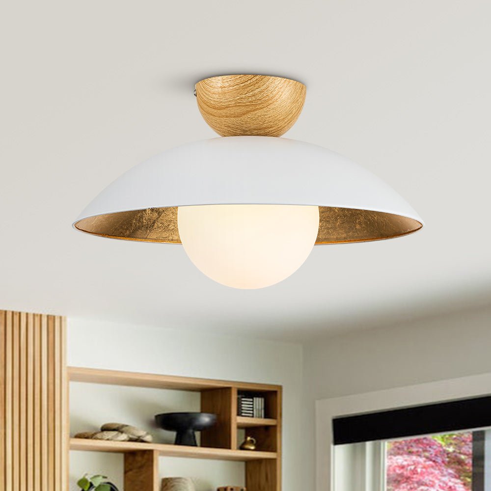 Pendantlightie - Scandinavian 1 - Light Gold Leaf Dome Semi Flush Mount With Glass Shade - Semi Flush Mount - White -