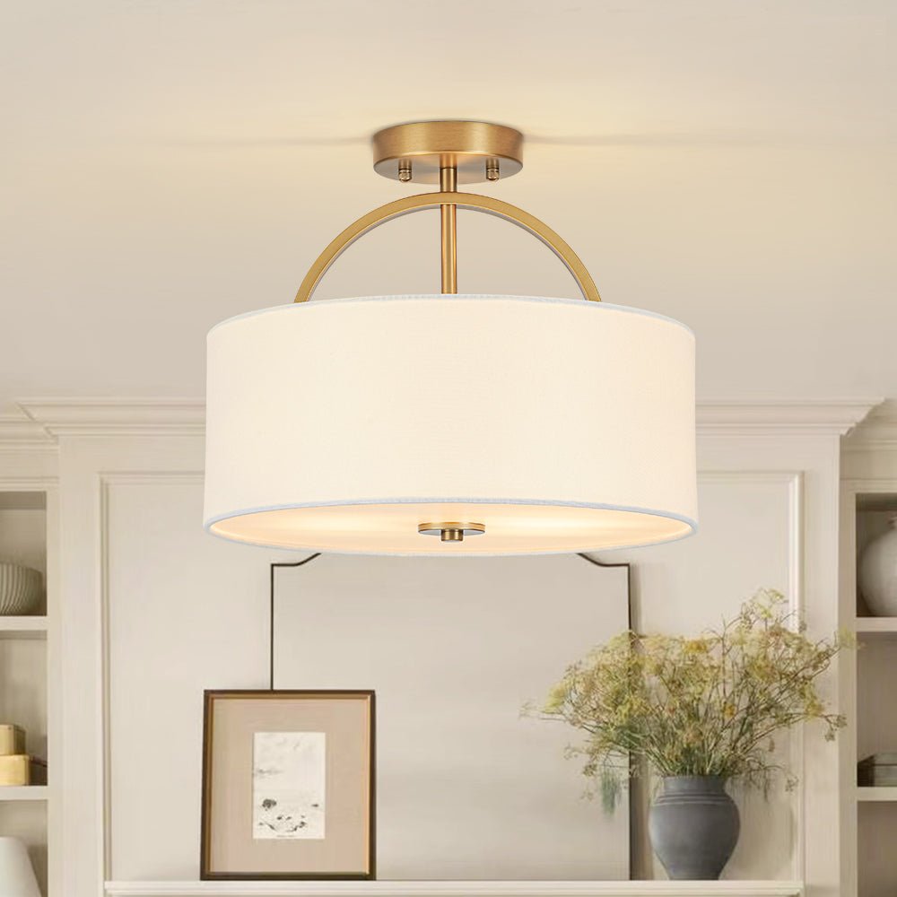 Pendantlightie - Scandinavian 2 - Light Linen Shade Drum Semi Flush Mount - Semi Flush Mount - Brass -