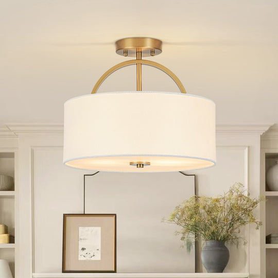 Pendantlightie - Scandinavian 2 - Light Linen Shade Drum Semi Flush Mount - Semi Flush Mount - Brass -