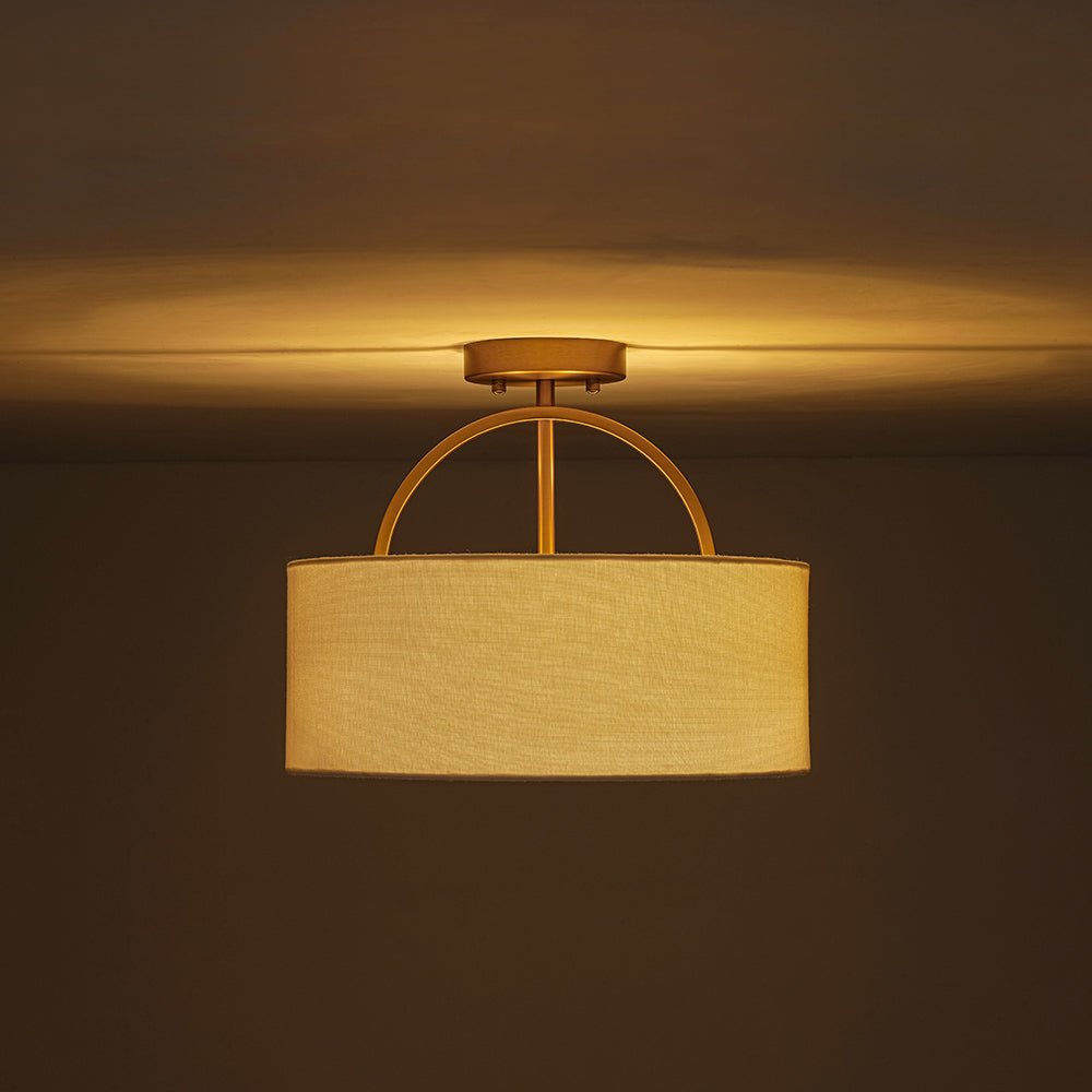 Pendantlightie - Scandinavian 2 - Light Linen Shade Drum Semi Flush Mount - Semi Flush Mount - Brass -