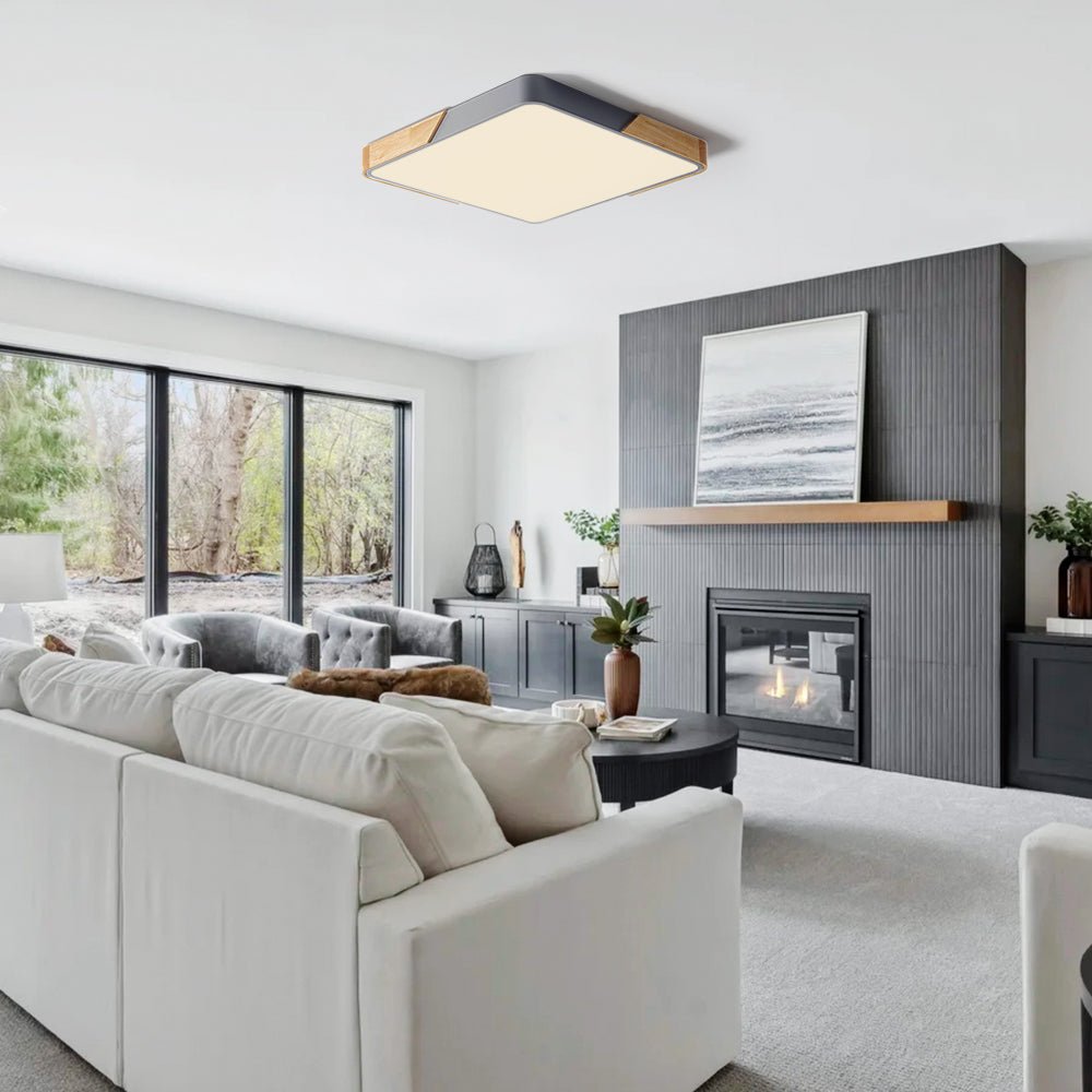 Pendantlightie - Square Dimmable Led Flush Mount With Wood Accent - Flush Mount - White -