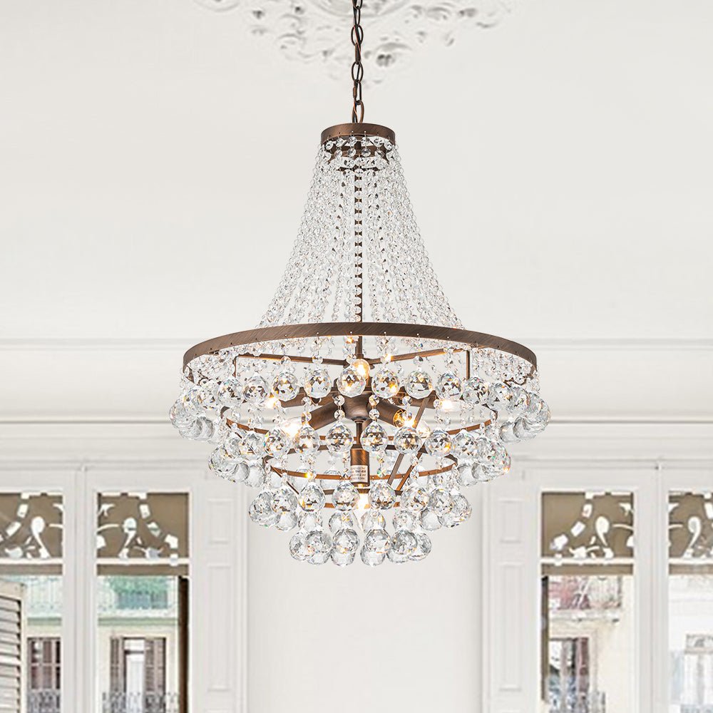 Pendantlightie - Traditional 7 - Light Tiered Beaded Empire Crystal Drops Chandelier - Chandeliers - Antique Bronze -
