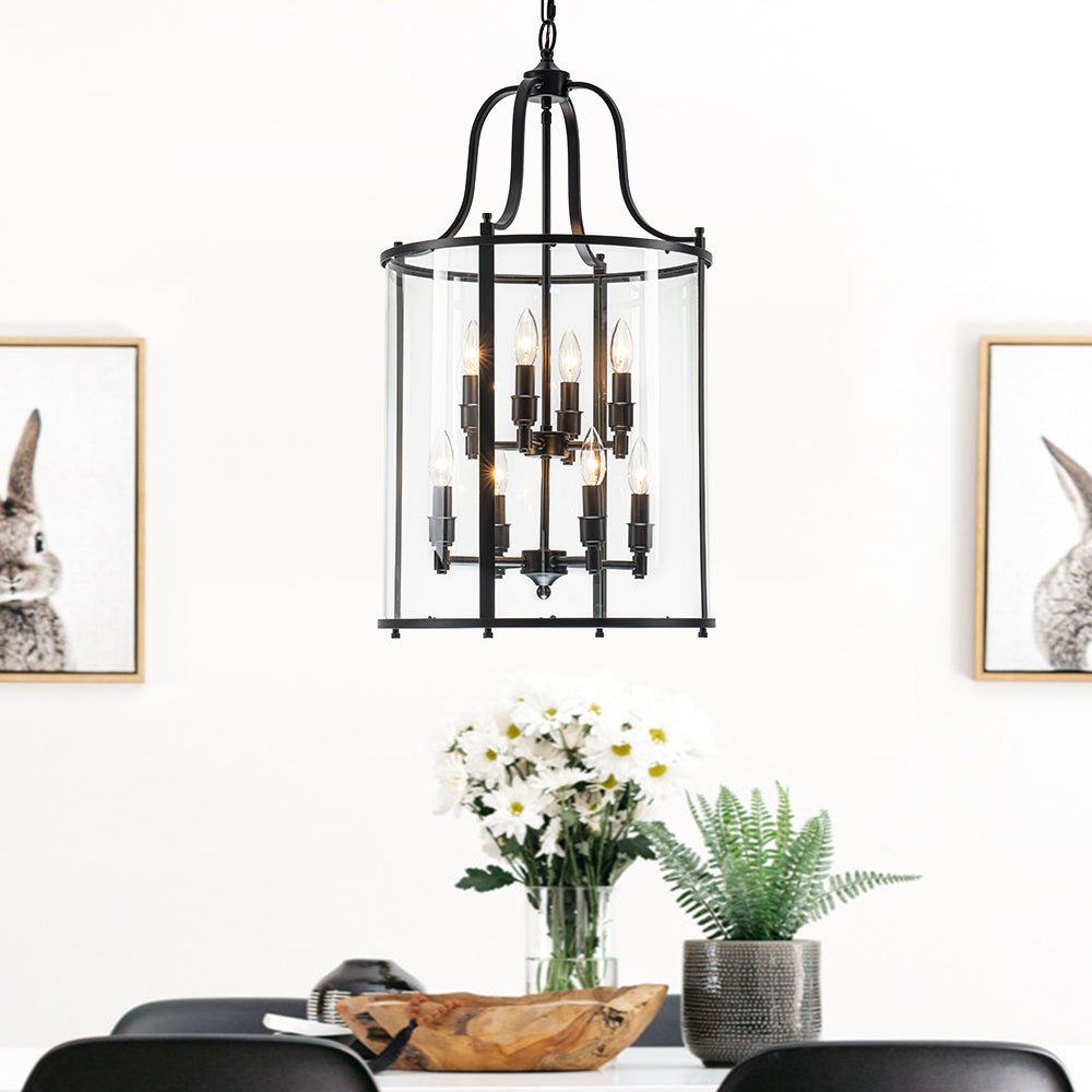Pendantlightie - Traditional 8 - Light Clear Glass Lantern Style Cylinder Pendant - Pendants - Black -