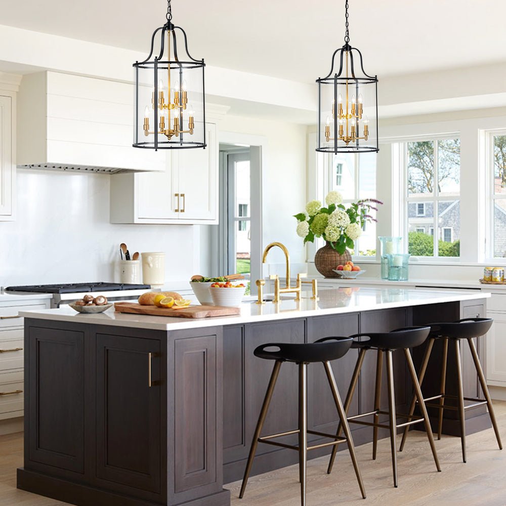 Pendantlightie - Traditional 8 - Light Clear Glass Lantern Style Cylinder Pendant - Pendants - Black -