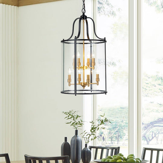 Pendantlightie - Traditional 8 - Light Clear Glass Lantern Style Cylinder Pendant - Pendants - Black+Gold -