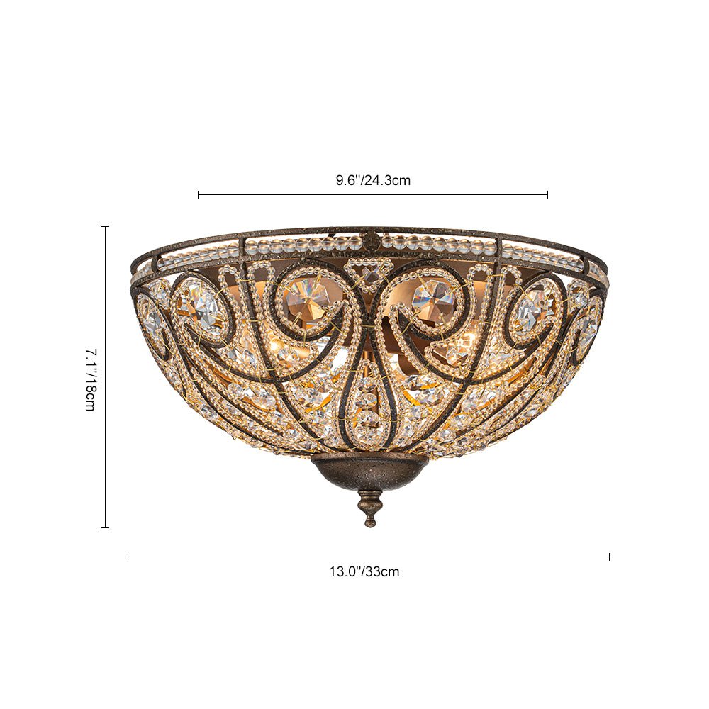Pendantlightie-Vintage 3-Light Bowl Crystal Flush Ceiling Light-Flush Mount-Antique bronze-