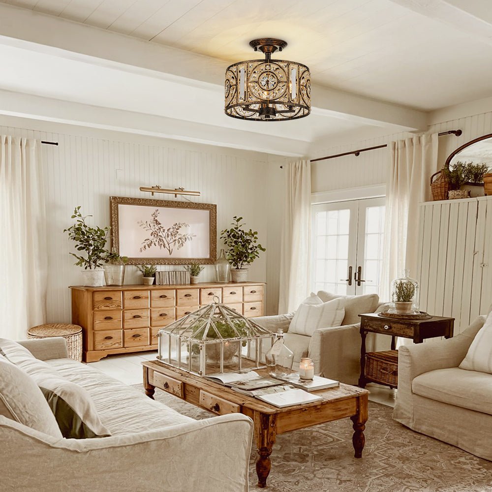 Pendantlightie - Vintage 3 - Light Drum Semi Ceiling Light With Crystal Accent - Semi Flush Mount - Bronze -