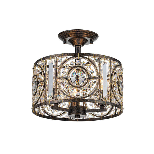 Pendantlightie - Vintage 3 - Light Drum Semi Ceiling Light With Crystal Accent - Semi Flush Mount - Bronze -