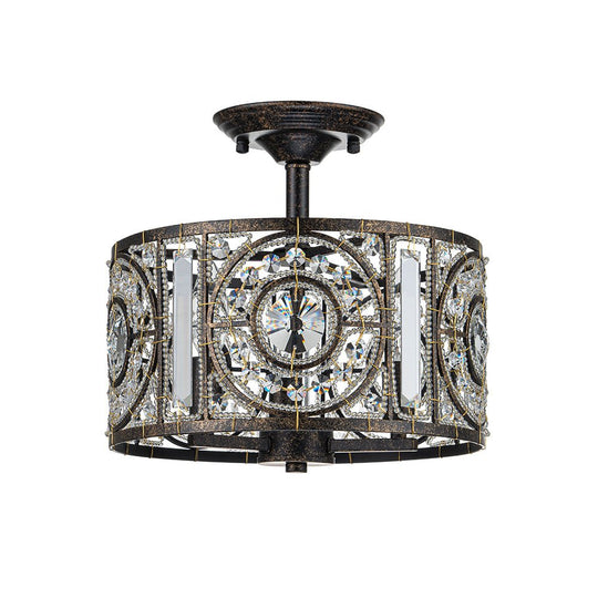 Pendantlightie - Vintage 3 - Light Drum Semi Ceiling Light With Crystal Accent - Semi Flush Mount - Bronze -