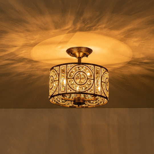 Pendantlightie - Vintage 3 - Light Drum Semi Ceiling Light With Crystal Accent - Semi Flush Mount - Bronze -