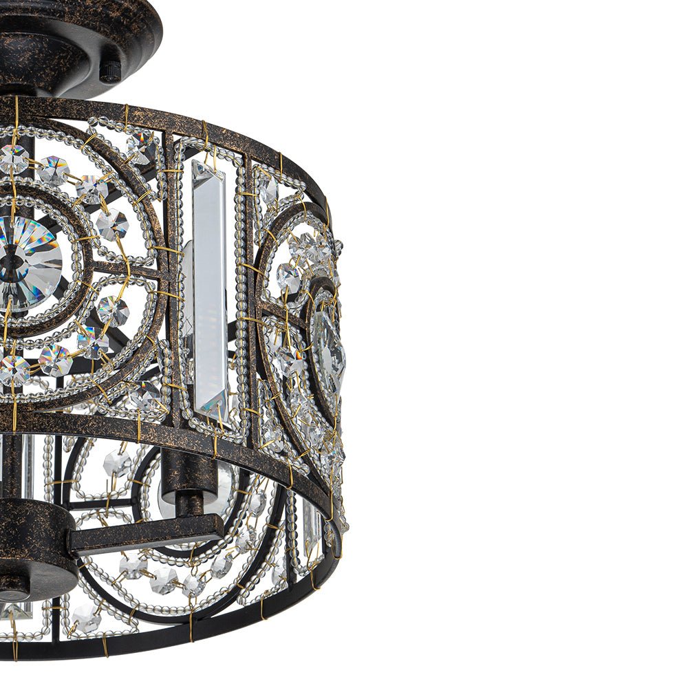 Pendantlightie - Vintage 3 - Light Drum Semi Ceiling Light With Crystal Accent - Semi Flush Mount - Bronze -