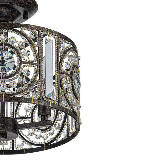 Pendantlightie - Vintage 3 - Light Drum Semi Ceiling Light With Crystal Accent - Semi Flush Mount - Bronze -