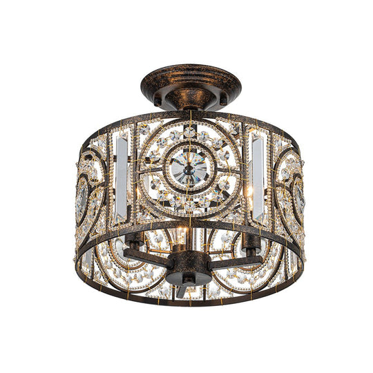 Pendantlightie - Vintage 3 - Light Drum Semi Ceiling Light With Crystal Accent - Semi Flush Mount - Bronze -