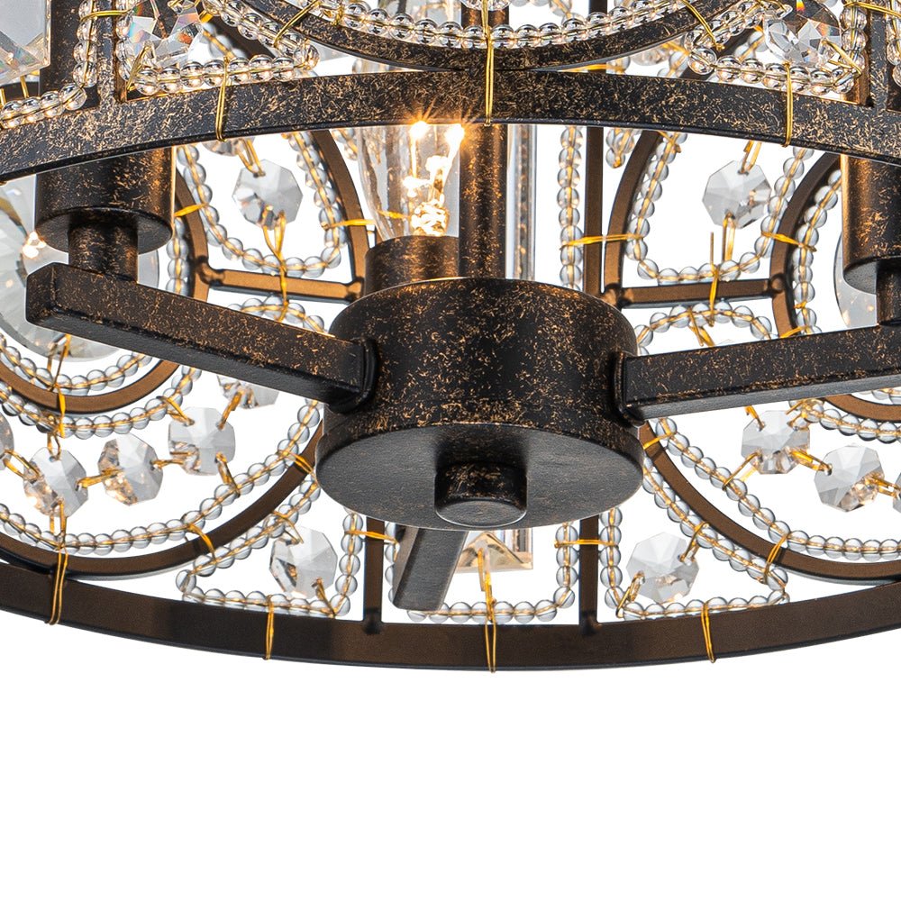 Pendantlightie - Vintage 3 - Light Drum Semi Ceiling Light With Crystal Accent - Semi Flush Mount - Bronze -