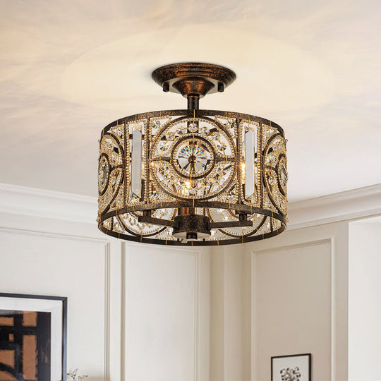 Pendantlightie - Vintage 3 - Light Drum Semi Ceiling Light With Crystal Accent - Semi Flush Mount - Bronze -