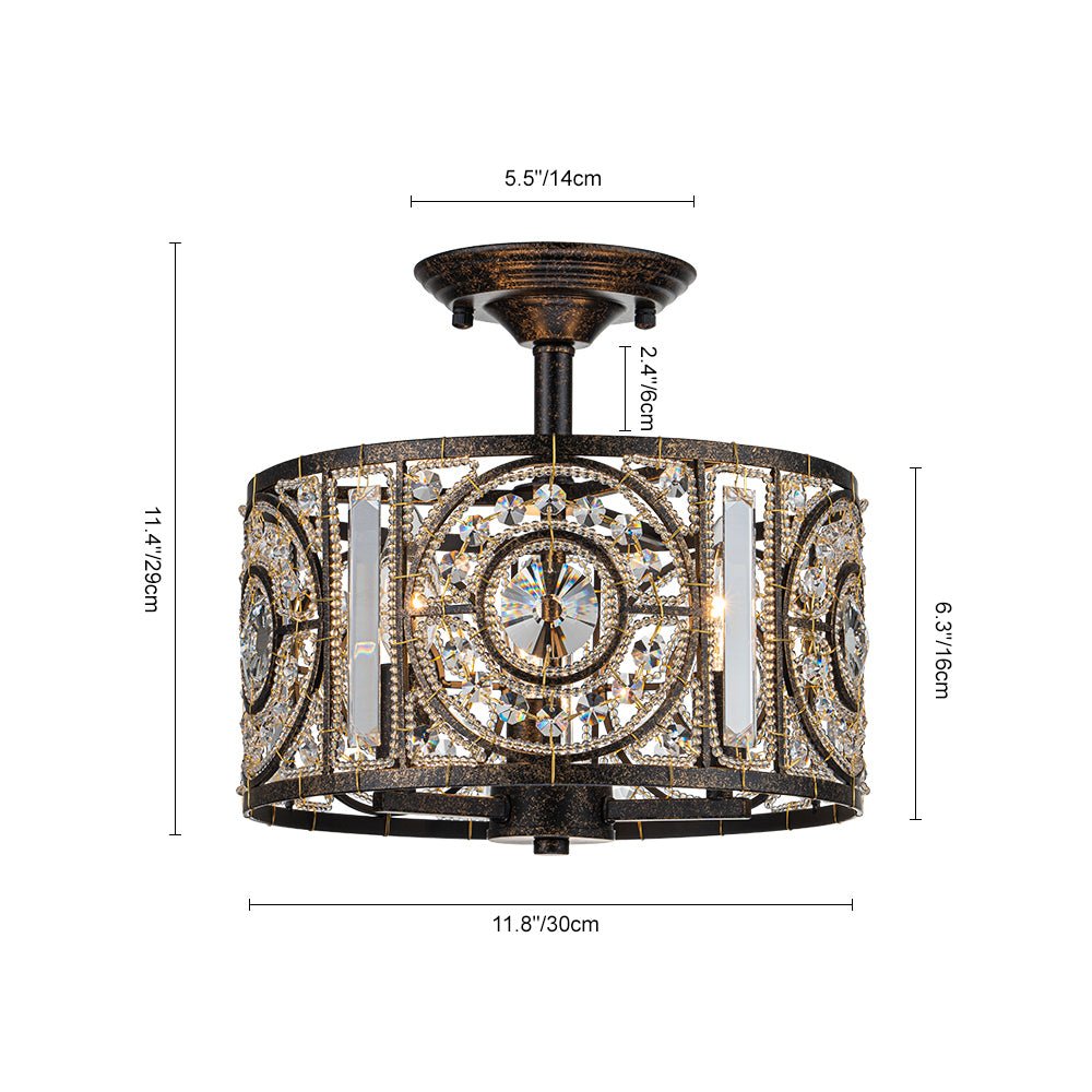 Pendantlightie - Vintage 3 - Light Drum Semi Ceiling Light With Crystal Accent - Semi Flush Mount - Bronze -