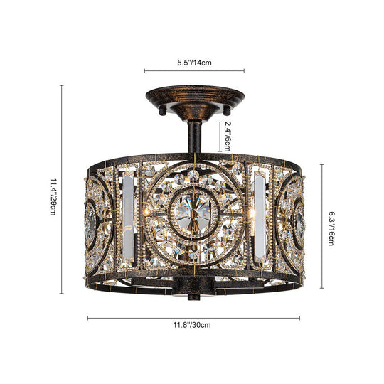Pendantlightie - Vintage 3 - Light Drum Semi Ceiling Light With Crystal Accent - Semi Flush Mount - Bronze -