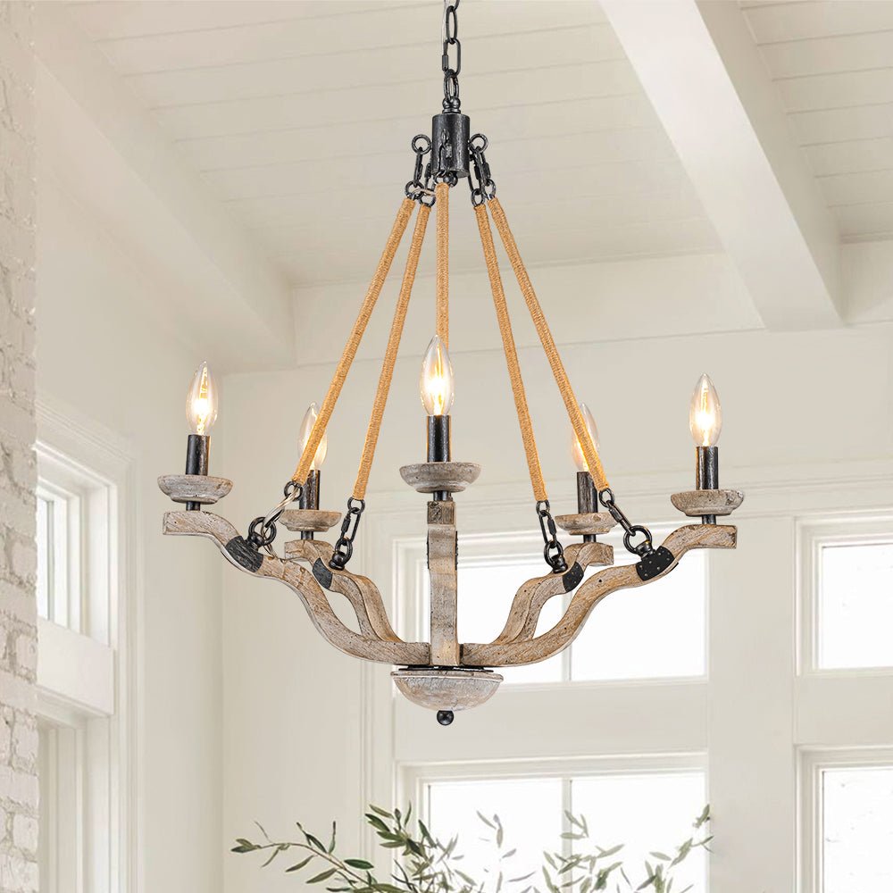 Pendantlightie - Vintage 5 - Light Hemp Rope Candle Style Wooden Chandelier - Chandeliers - 5Lt -
