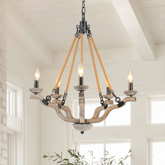 Pendantlightie - Vintage 5 - Light Hemp Rope Candle Style Wooden Chandelier - Chandeliers - 5Lt -