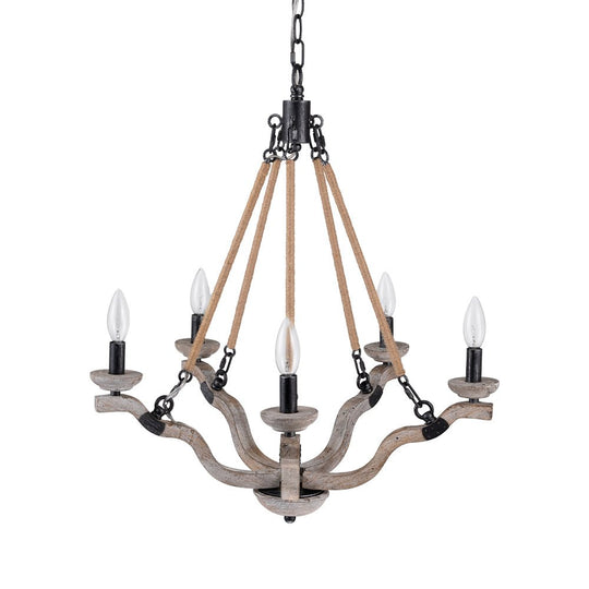 Pendantlightie - Vintage 5 - Light Hemp Rope Candle Style Wooden Chandelier - Chandeliers - 5Lt -