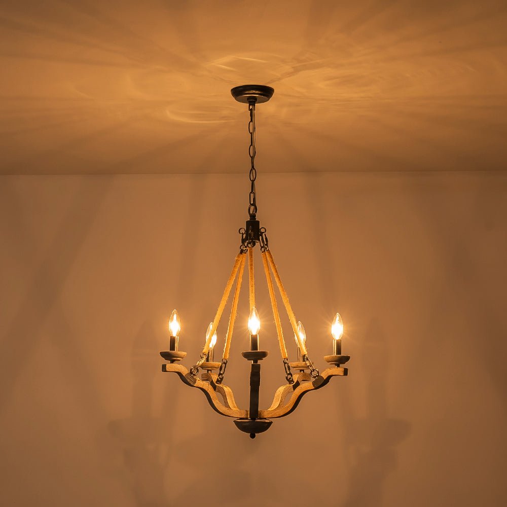 Pendantlightie - Vintage 5 - Light Hemp Rope Candle Style Wooden Chandelier - Chandeliers - 5Lt -