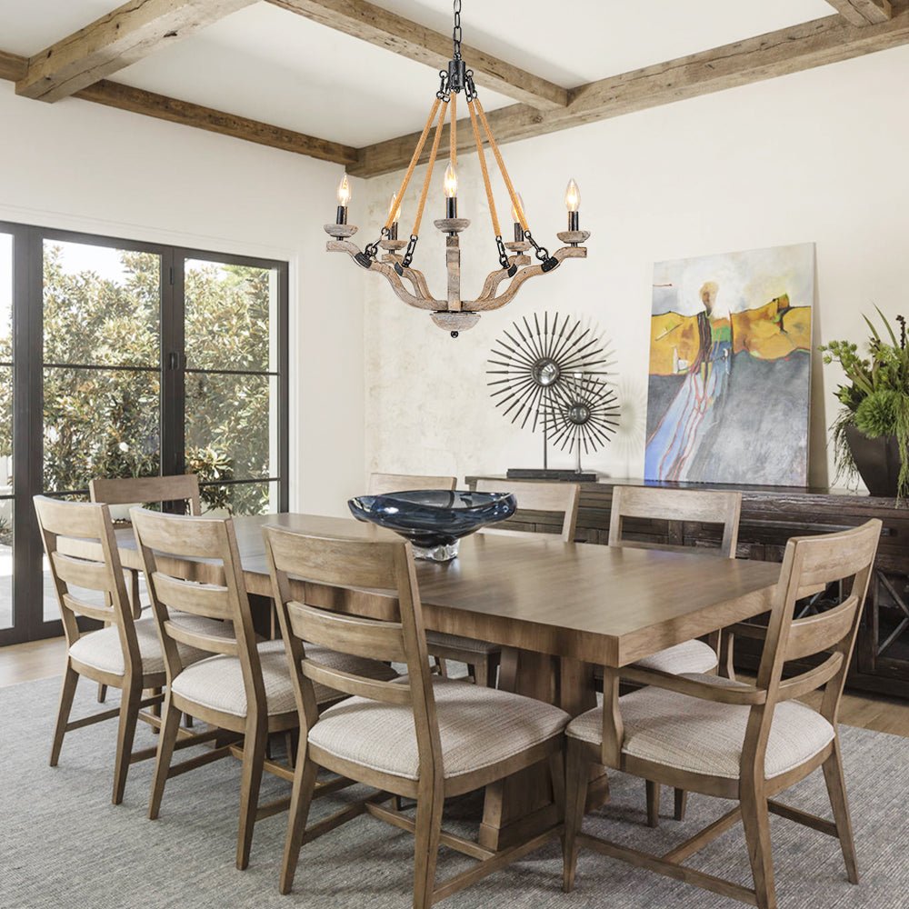 Pendantlightie - Vintage 5 - Light Hemp Rope Candle Style Wooden Chandelier - Chandeliers - 5Lt -