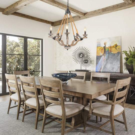 Pendantlightie - Vintage 5 - Light Hemp Rope Candle Style Wooden Chandelier - Chandeliers - 5Lt -