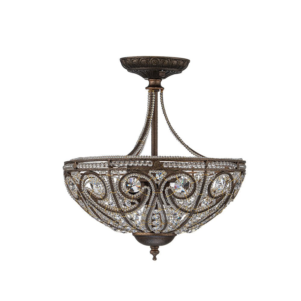 Pendantlightie-Vintage Luxury 3-Light Bowl Crystal Semi Flush Ceiling Light-Semi Flush Mount-Antique bronze-