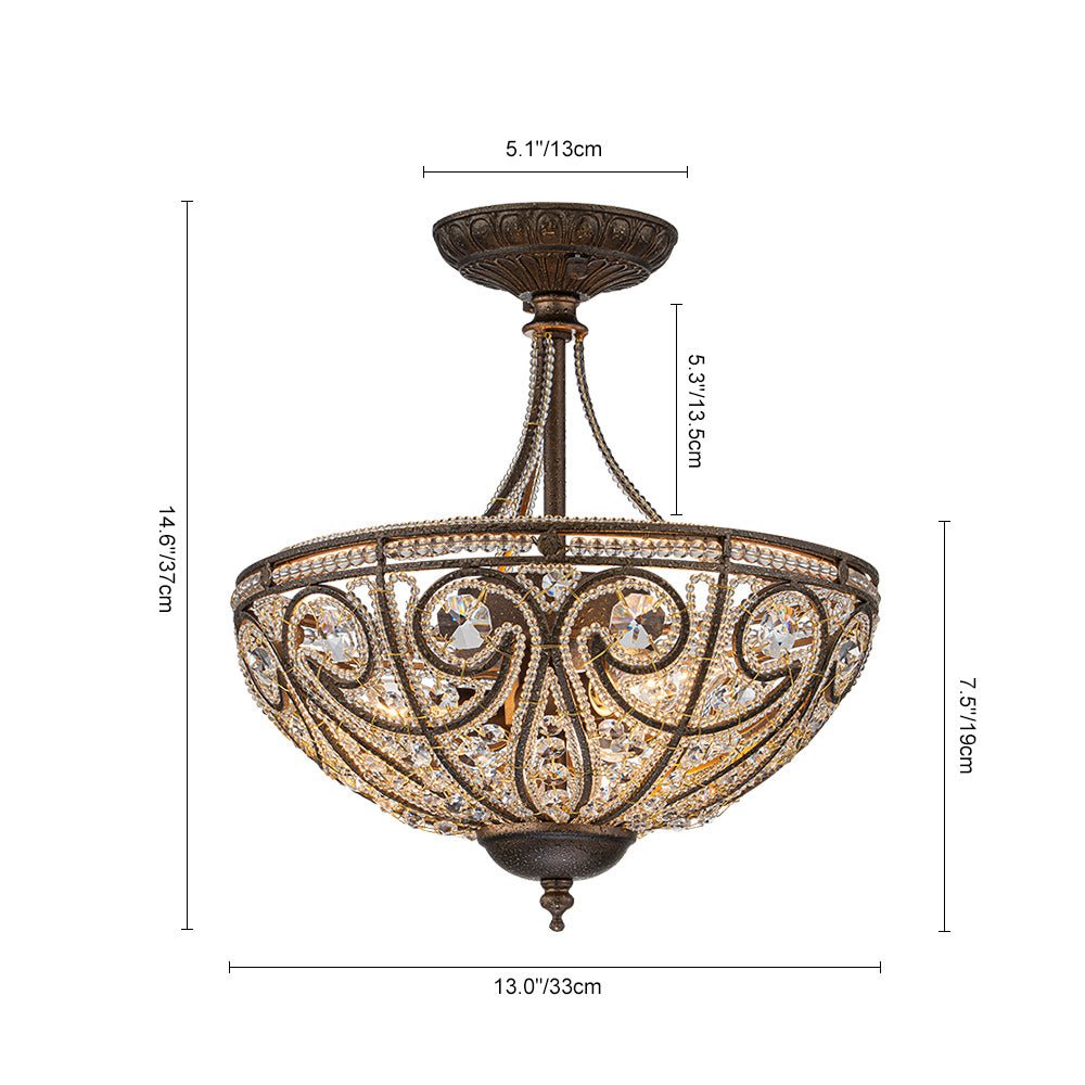 Pendantlightie-Vintage Luxury 3-Light Bowl Crystal Semi Flush Ceiling Light-Semi Flush Mount-Antique bronze-