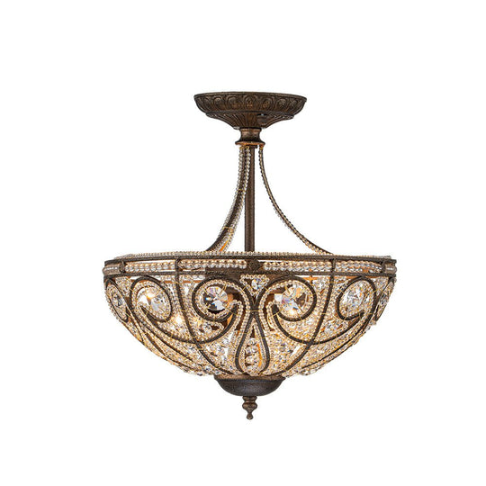 Pendantlightie-Vintage Luxury 3-Light Bowl Crystal Semi Flush Ceiling Light-Semi Flush Mount-Antique bronze-