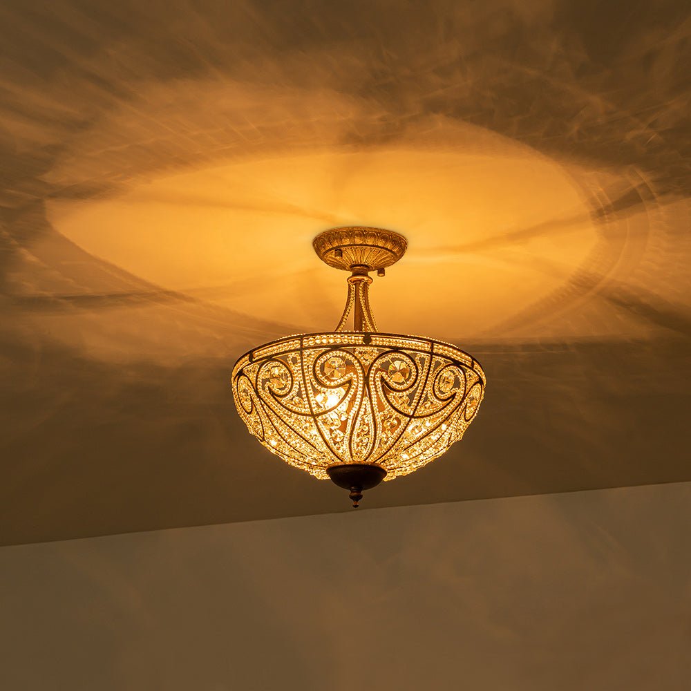 Pendantlightie-Vintage Luxury 3-Light Bowl Crystal Semi Flush Ceiling Light-Semi Flush Mount-Antique bronze-