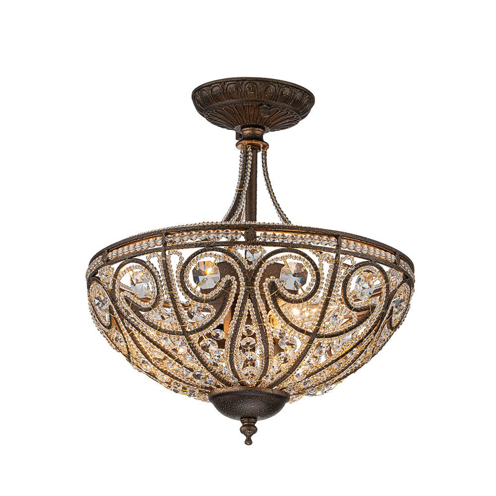 Pendantlightie-Vintage Luxury 3-Light Bowl Crystal Semi Flush Ceiling Light-Semi Flush Mount-Antique bronze-