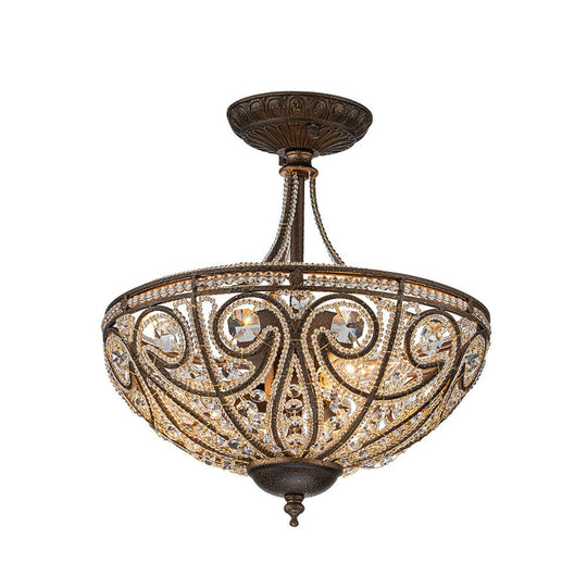 Pendantlightie-Vintage Luxury 3-Light Bowl Crystal Semi Flush Ceiling Light-Semi Flush Mount-Antique bronze-