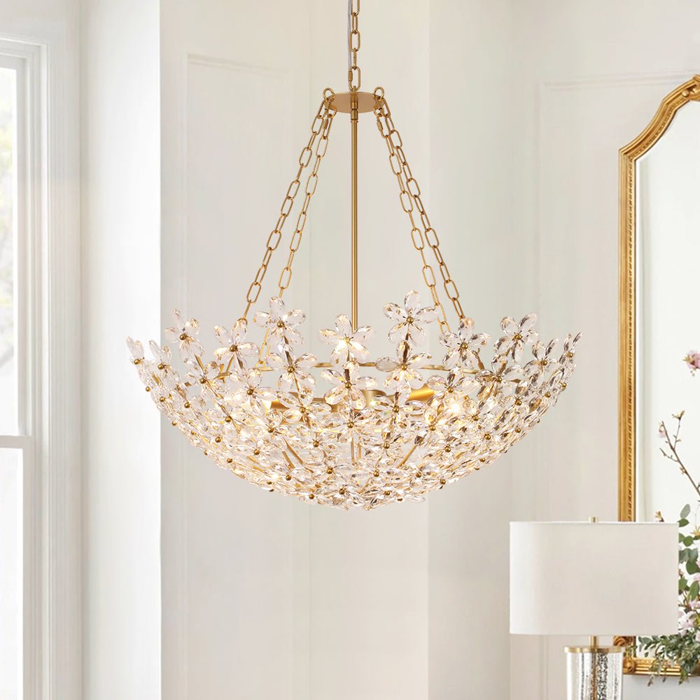 Pendantlightie - Vintage Luxury 6 - Light Five - Leaf Clover Blossom Floral Glass Chandelier - Chandeliers - Gold -