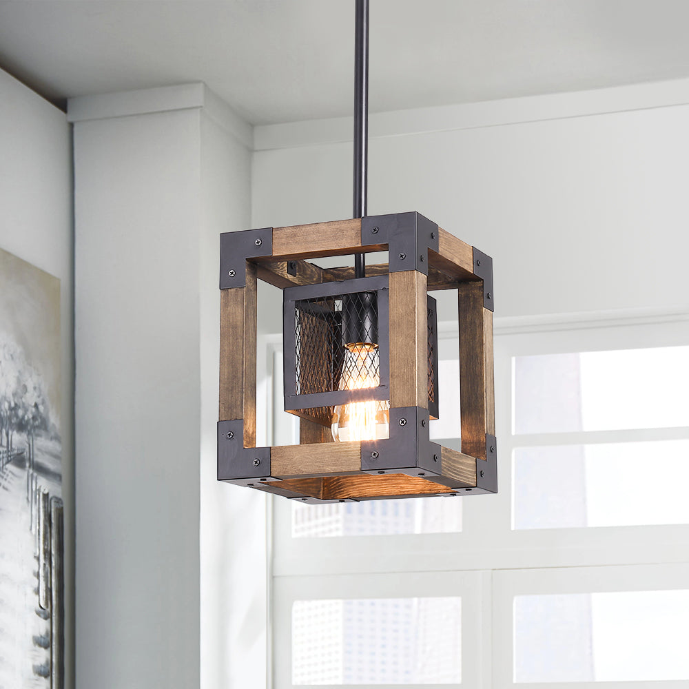 Farmhouse Rustic Single Square Pendant Light Over Table