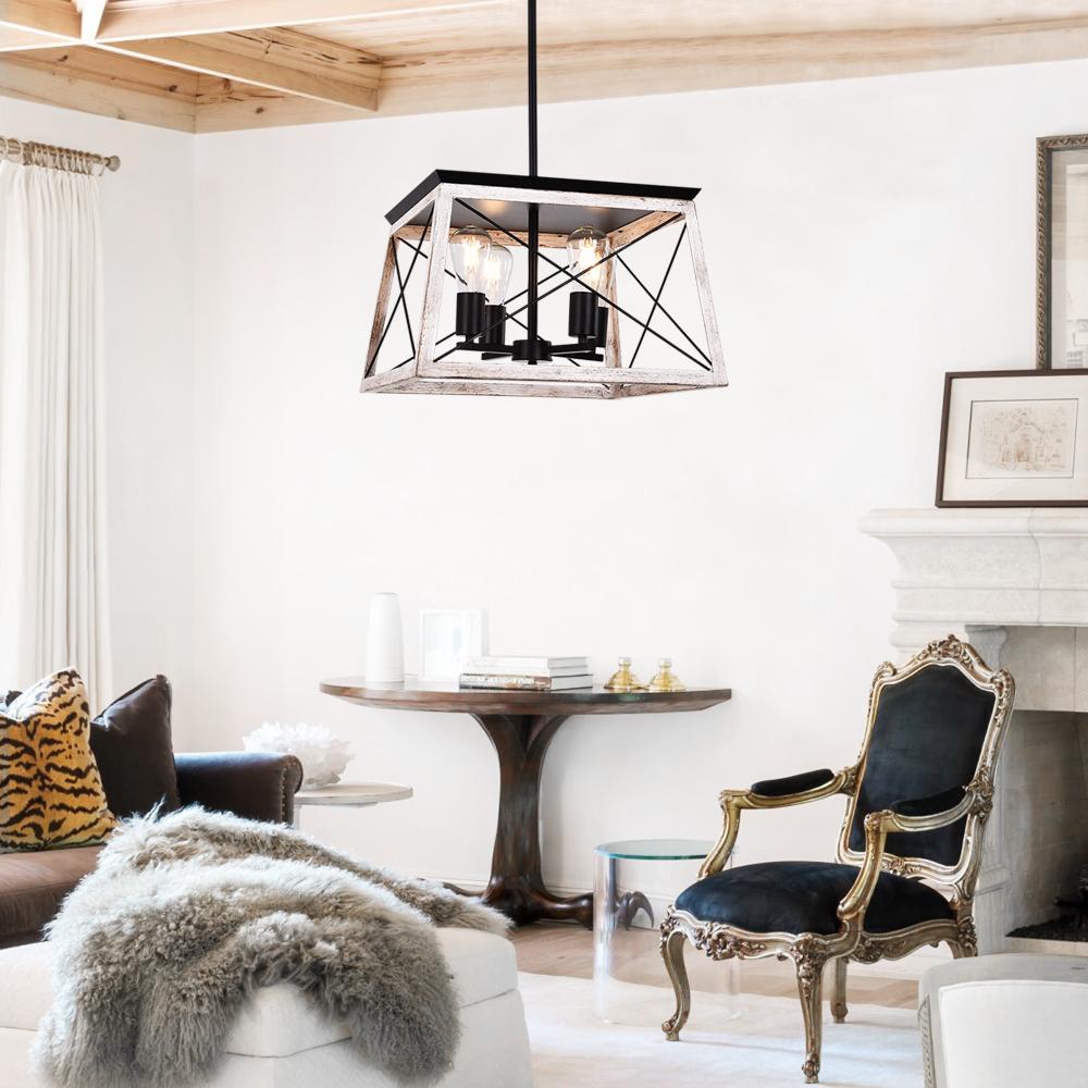 PendantLightia-4-Light Square Kitchen Island Rustic Chandeliers-Chandeliers-White-