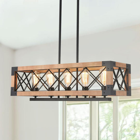 PendantLightia-5-light Wooden Rectangular Rustic Farmhouse Chandelier-Chandeliers-Default Title-